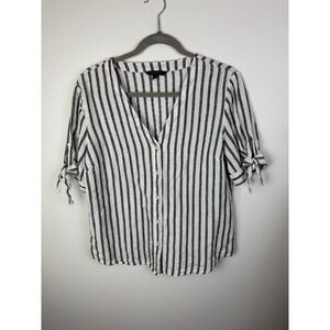 Banana Republic Blouse Womens Medium White Black Striped Tie Sleeve Casual
